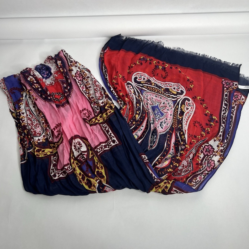 Talbots Paisley Rectangle Scarf Wrap Modal Fringe Red Navy Pink 72"x 14" Hair